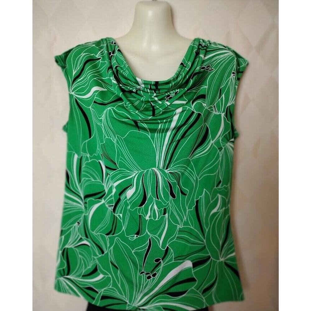 Dana Buchman Cap‎ Sleeve Top, Sz M, Green Multi with Tab Shoulders and Cowl Neck